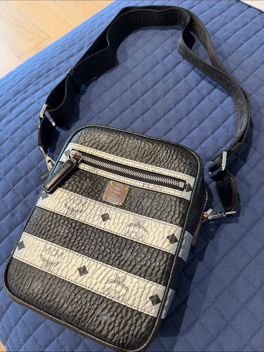 Like new! MCM Black and White Striped Coated Canvas Messenger Bag